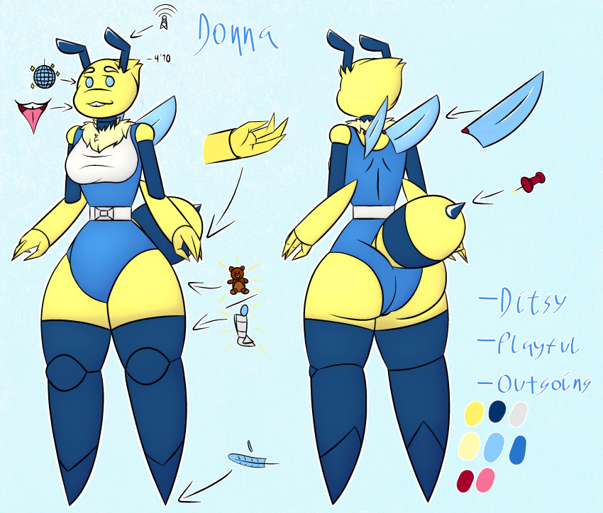 absurd_res antennae_(anatomy) anthro arthropod bee big_butt butt clothing donna_(r3znor_x) female hi_res hymenopteran insect insect_wings leotard mane model_sheet multicolored_body r3znor_x short_stack solo stinger stinger_tail thick_thighs tooth_gap two_tone_body wings yellow_body