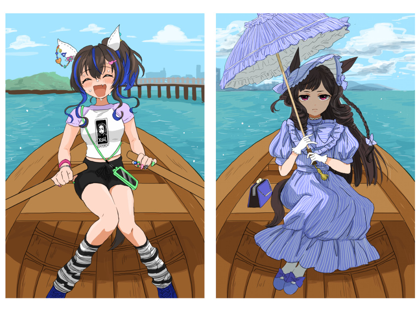 2girls bag blue_footwear blue_hair boat bow braid brown_hair cellphone closed_eyes commentary_request daiichi_ruby_(umamusume) daitaku_helios_(umamusume) dress drill_hair drill_sidelocks ear_covers expressionless fang footwear_bow gloves gyaru hair_between_eyes hair_ornament hairclip handbag heart heart_hair_ornament highres holding horizon horse_girl horse_tail inaho_soji knees_together_feet_apart lanyard long_hair looking_at_viewer loose_socks midriff_peek multicolored_hair multiple_girls outdoors parasol phone pinstripe_dress pinstripe_pattern puffy_short_sleeves puffy_sleeves purple_eyes rowboat shade shirt short_sleeves side_ponytail sidelocks skin_fang smartphone socks streaked_hair striped sweat t-shirt tail two-tone_hair umamusume umbrella unamused very_sweaty watercraft white_gloves