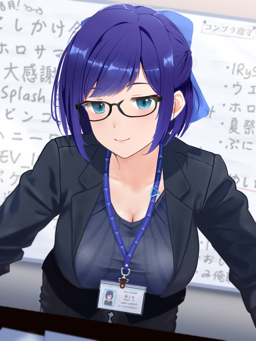 1girl a-chan_(hololive) absurdres alternate_breast_size blazer blue_eyes blue_hair bow breasts cleavage cohi27151463 commentary_request glasses hair_bow highres hololive id_card jacket lanyard large_breasts leaning_forward looking_at_viewer office_lady purple_hair short_hair smile solo translation_request upper_body whiteboard