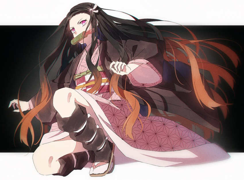 1girl asa_no_ha_(pattern) bamboo black_background black_hair full_body gradient_hair hair_ribbon hakusai_(tiahszld) japanese_clothes kamado_nezuko kimetsu_no_yaiba kimono kneeling long_hair mouth_hold multicolored_hair obi on_one_knee pink_eyes pink_kimono red_hair ribbon sash simple_background solo white_background