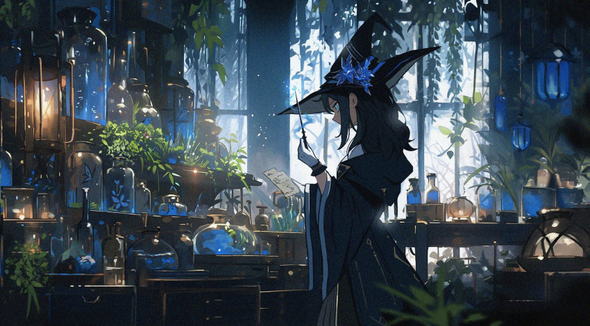 1girl black_robe blue_eyes bottle bug butterfly drawer flower gloves hanging_plant hat hat_flower highres holding holding_paper holding_wand lantern magic mizuiro_abokado original paper plant robe solo wand white_gloves wide_sleeves witch witch_hat