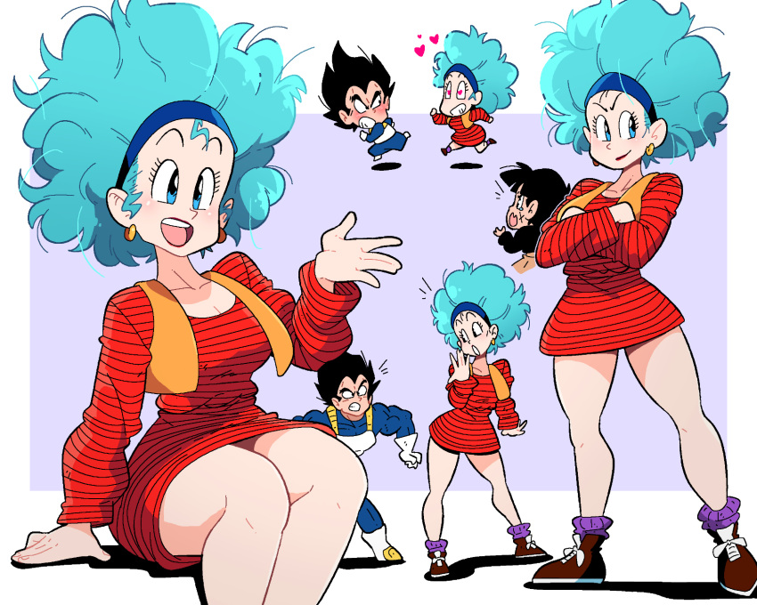 1girl 2boys afro arm_support armor big_hair black_eyes black_hair black_shirt blue_eyes blue_hair blue_hairband blush breasts bulma chasing closed_mouth cross_scar dragon_ball dragon_ball_z dress earrings gloves hairband heart heart-shaped_eyes highres jewelry lipstick long_sleeves makeup multiple_boys multiple_views open_mouth orange_dress running scar scar_on_cheek scar_on_face scott_malin shirt sitting smile spiked_hair standing tearing_up vegeta white_gloves yamcha