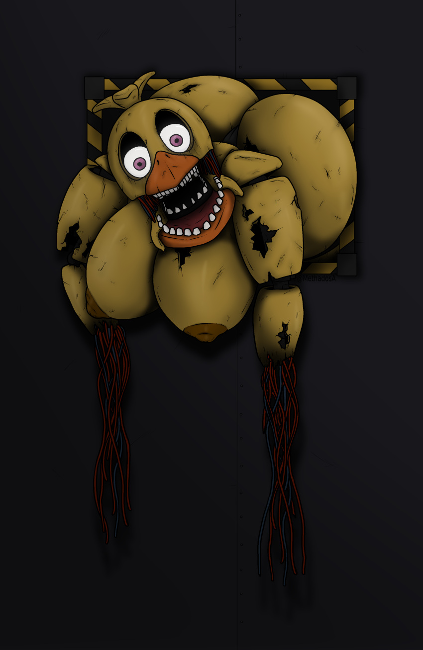 absurd_res animatronic anthro areola ass_up avian beak big_breasts big_butt bird breasts butt chica_(fnaf) chicken damage female five_nights_at_freddy's galliform gallus_(genus) hi_res horror_(theme) looking_at_viewer machine methados missing_arm nipples phasianid robot scottgames solo teeth wide_hips wire yellow_body