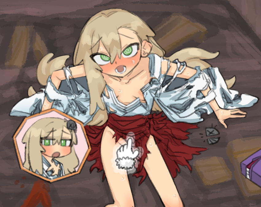 1girl @_@ alternate_costume arm_support asymmetrical_bangs blonde_hair blush breasts collarbone convenient_censoring derivative_work feet_out_of_frame from_above green_eyes groin hair_ornament_removed hair_spread_out idol_janshi_suchie-pai japanese_clothes kimono long_hair looking_at_viewer matangom matangomu-chan miko multiple_views nose_blush on_ground open_mouth original parody pillbug red_skirt skirt small_breasts sweat torn_clothes torn_kimono upturned_eyes very_long_hair white_kimono