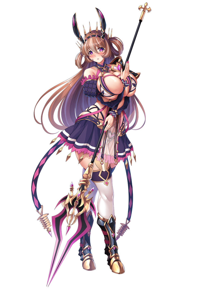 1girl armor asymmetrical_armor backless_outfit bare_shoulders between_breasts bikini blush boots breasts breasts_squeezed_together brown_hair commentary commentary_request detached_sleeves frown full_body greaves hair_between_eyes hair_rings hairband highres holding holding_staff horns jewelry knee_boots kyonyuu_fantasy kyonyuu_fantasy_burst long_hair mage_staff micro_bikini multicolored_hair nail_polish navel official_art pauldrons pink_eyes pleated_skirt puffy_sleeves sabaton saijou_satoru see-through see-through_skirt shoulder_armor showgirl_skirt single_pauldron skirt solo staff streaked_hair swimsuit theresia_(kyonyuu_fantasy_burst) thighhighs thong thorns undersized_breast_cup very_long_hair white_background white_hair