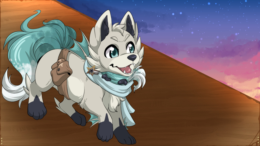 2023 black_body black_fur blue_eyes blue_tail fin fur generation_7_pokemon hi_res nintendo open_mouth pack pokemon pokemon_(species) rockruff scarf starlight_new_dawn_scar starwolfskin tail vector_(starlight) white_body white_fur zgf_gaming