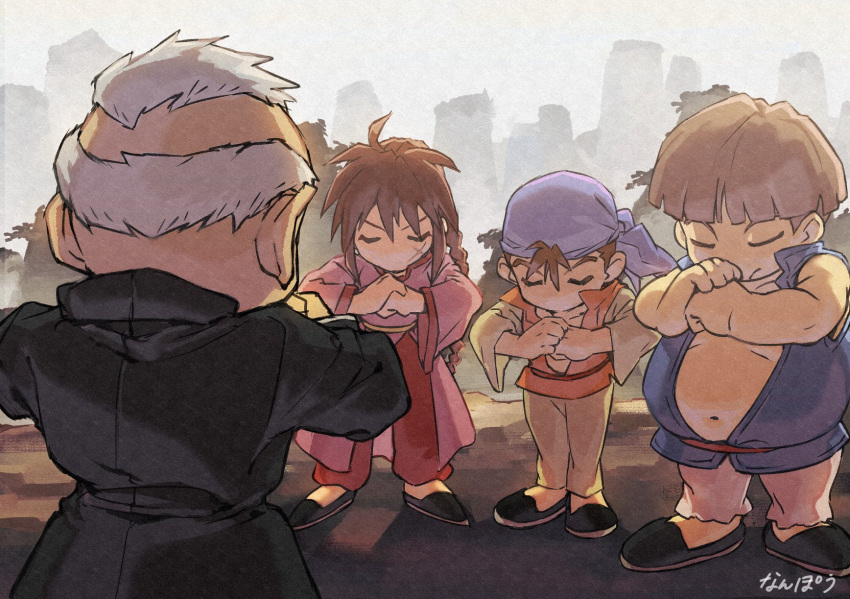 1girl 3boys bandana braid brown_hair chibi chinese_clothes closed_mouth grey_hair highres hong_hakka lei_kuugo live_a_live long_hair master_shinzanken multiple_boys nanpou_(nanpou0021) navel no_mouth old old_man scar scar_on_face yun_jou