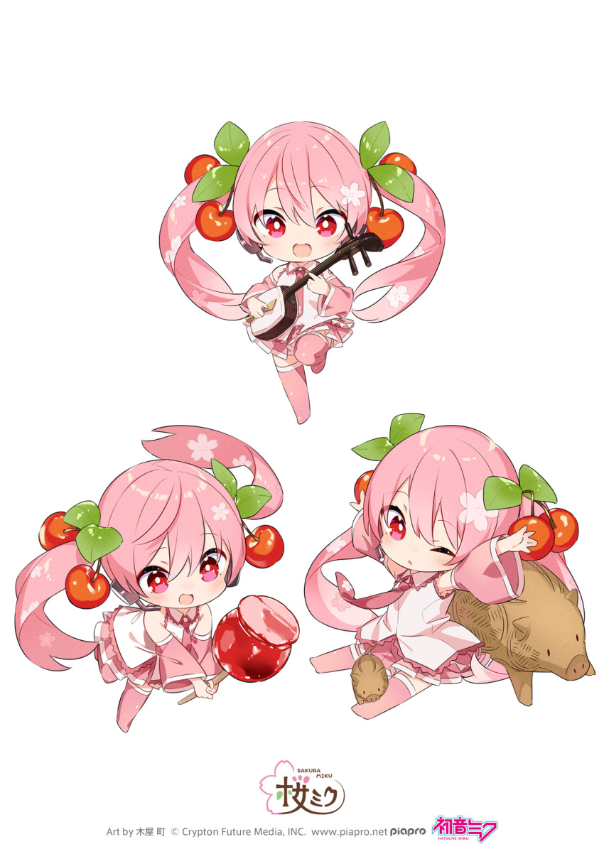 1girl arms_up bachi candy_apple cherry_blossom_print cherry_hair_ornament chibi commentary detached_sleeves doguu floral_print food food-themed_hair_ornament hair_ornament hatsune_miku highres holding holding_food holding_plectrum instrument kiya_machi leg_up looking_at_viewer multiple_views music necktie official_art one_eye_closed open_mouth outstretched_arms pig pink_hair pink_necktie pink_skirt pink_sleeves pink_thighhighs playing_instrument pleated_skirt plectrum red_eyes sakura_miku shamisen shirt shoulder_tattoo sitting skirt sleeveless sleeveless_shirt smile standing standing_on_one_leg tattoo thighhighs twintails vocaloid white_background white_shirt