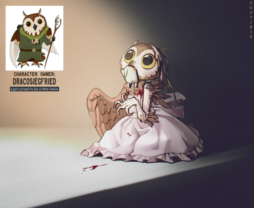 absurdres animal animal_in_mouth artist_name bird black_eyes blood claws colored_sclera dead_animal dress english_text frilled_dress frills grey_dress highres looking_up mouse neytirix original owl personification torn_wings wings yellow_sclera