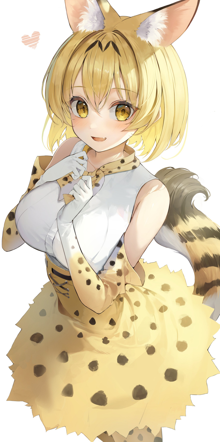 1girl absurdres animal_ear_fluff animal_ears animal_ears_(norankkori) bare_shoulders black_hair blonde_hair breasts commentary double-parted_bangs elbow_gloves fang gloves gradient_gloves hair_between_eyes hands_on_own_chest heart high-waist_skirt highres kemono_friends large_breasts looking_at_viewer multicolored_hair open_mouth serval_(kemono_friends) serval_print shirt short_hair simple_background skin_fang skirt sleeveless sleeveless_shirt solo streaked_hair tail white_background white_gloves white_shirt yellow_eyes yellow_gloves yellow_skirt yellow_tail