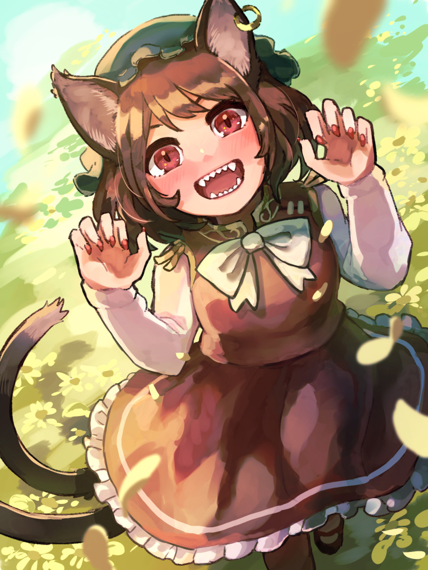 1girl animal_ears blurry blurry_foreground blush bow bowtie breasts brown_hair cat_ears cat_tail chen claw_pose commentary_request daisy depth_of_field dutch_angle earrings eyebrows_hidden_by_hair falling_leaves fangs flower foot_out_of_frame frills from_above gao gold_trim hands_up hat highres jewelry leaf long_sleeves looking_at_viewer mary_janes medium_hair mob_cap multiple_tails nail_polish nekomata nekotsuki open_mouth outdoors petticoat red_eyes red_nails red_skirt red_vest sharp_teeth shoes short_hair single_earring skirt skirt_set small_breasts solo tail teeth touhou two_tails v-shaped_eyebrows vest white_bow white_bowtie white_flower