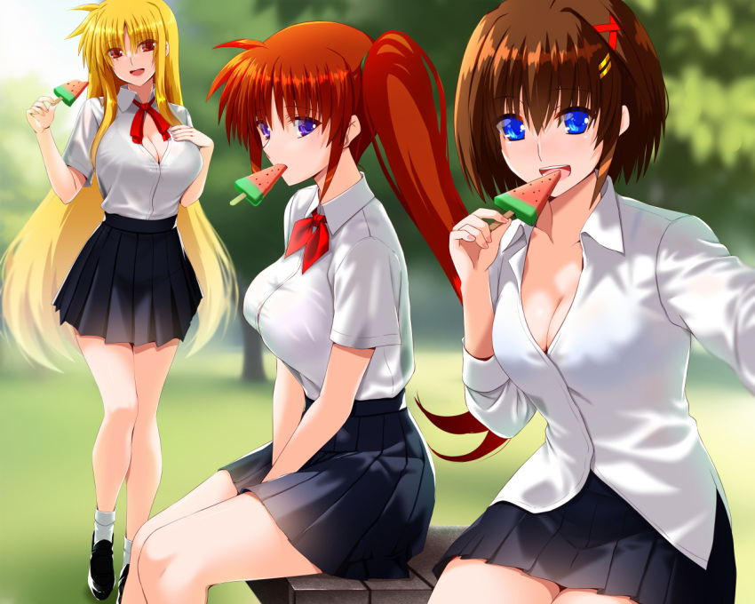 3girls :d between_legs black_footwear black_skirt blonde_hair blue_eyes blurry blurry_background breasts brown_hair cleavage collarbone collared_shirt day dress_shirt eating engo_(aquawatery) fate_testarossa food hair_between_eyes hair_ornament hairclip hand_between_legs holding large_breasts loafers long_hair looking_at_viewer lyrical_nanoha mahou_shoujo_lyrical_nanoha_strikers medium_breasts miniskirt mouth_hold multiple_girls neck_ribbon no_bra open_mouth outdoors partially_unbuttoned pleated_skirt popsicle purple_eyes red_eyes red_hair red_ribbon ribbon school_uniform shirt shoes short_hair side_ponytail sitting skirt smile socks standing straight_hair takamachi_nanoha very_long_hair watermelon_bar white_shirt white_socks wing_collar x_hair_ornament yagami_hayate