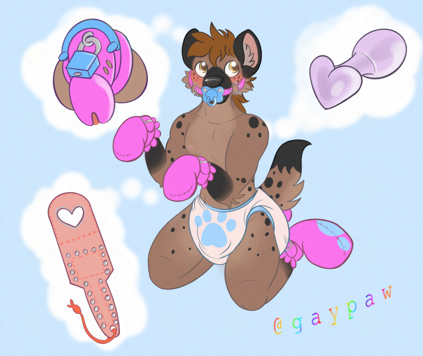 ambiguous_gender anthro chastity_device clothed clothing diaper gag gaypaw hi_res hyena infantilism male mammal mitts pacifier paddle sex_toy solo wearing_diaper