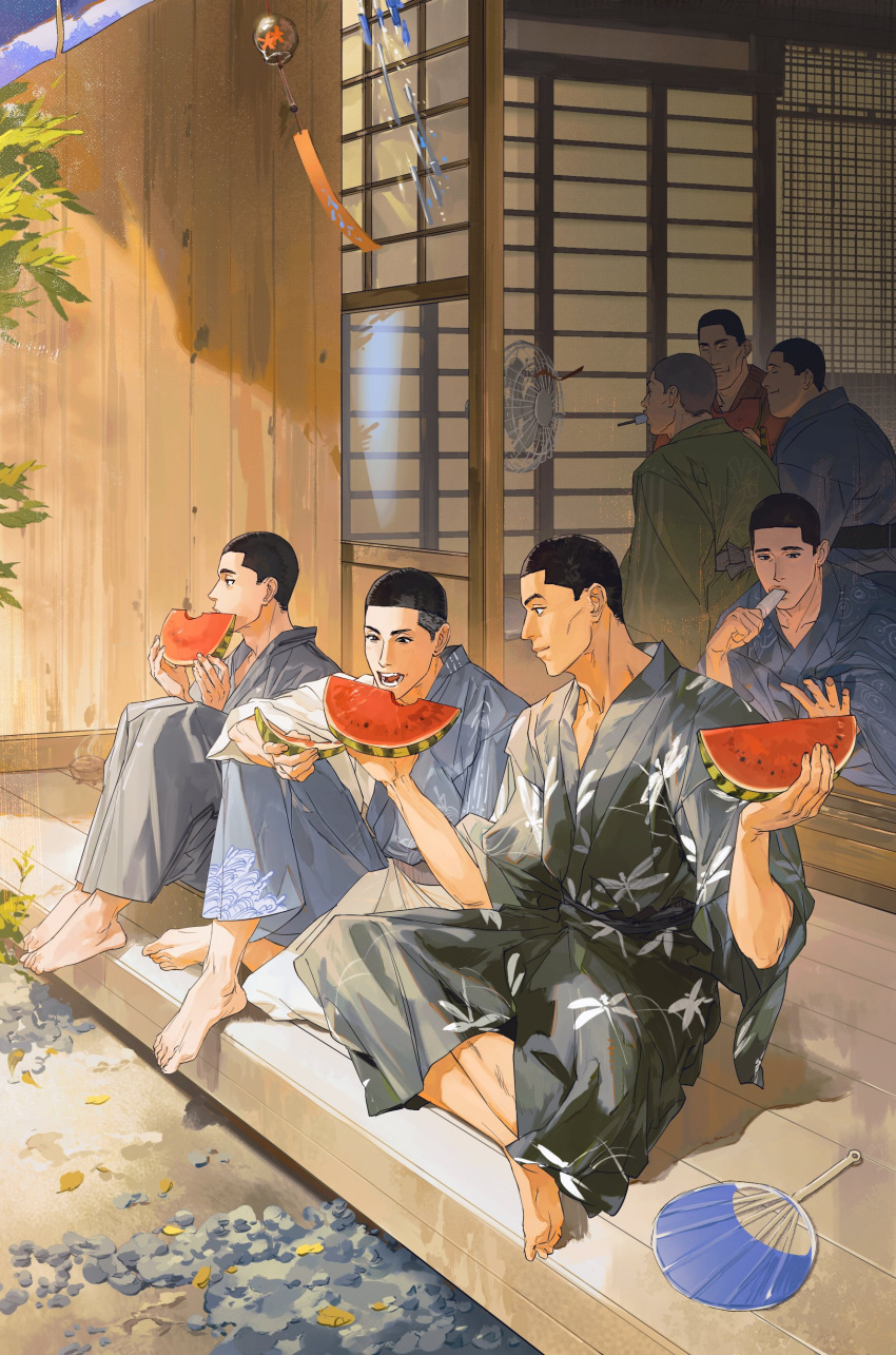 6+boys absurdres barefoot black_eyes black_hair blue_kimono buzz_cut closed_eyes dark-skinned_male dark_skin day eating electric_fan food fruit fukatsu_kazunari full_body grabbing green_kimono hand_fan highres holding holding_food holding_fruit ichinokura_satoshi japanese_clothes kawata_masashi kawata_mikio kimono male_focus matsumoto_minoru multiple_boys nobe_masahiro open_mouth paper_fan patio popsicle sawakita_eiji short_hair sitting slam_dunk_(series) undercut very_short_hair watermelon wfi1584191 wind_chime