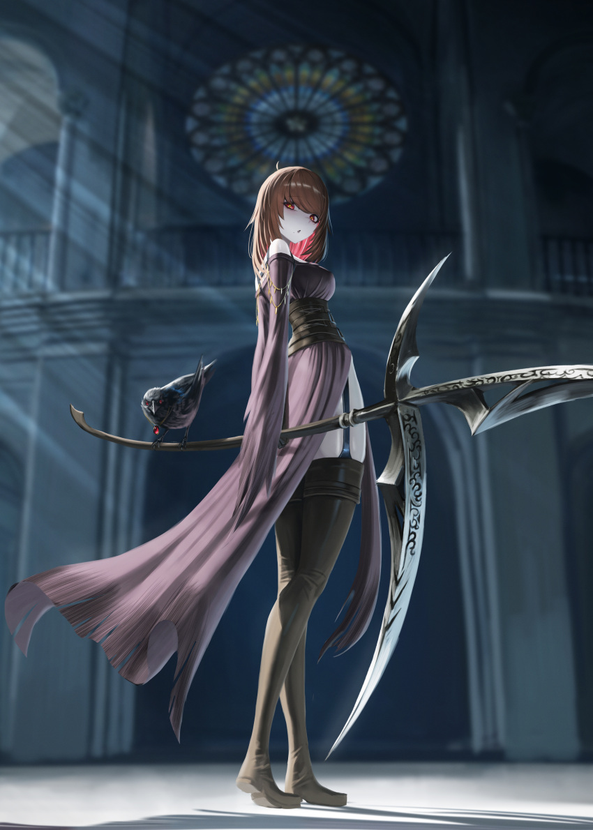 1girl absurdres bad_anatomy bird black_thighhighs boots breasts brown_hair crow garter_straps highres holding holding_scythe ikasamahideo indoors light_rays long_sleeves looking_at_viewer medium_breasts orange_eyes original red_eyes scythe stained_glass standing thigh_boots thighhighs weapon