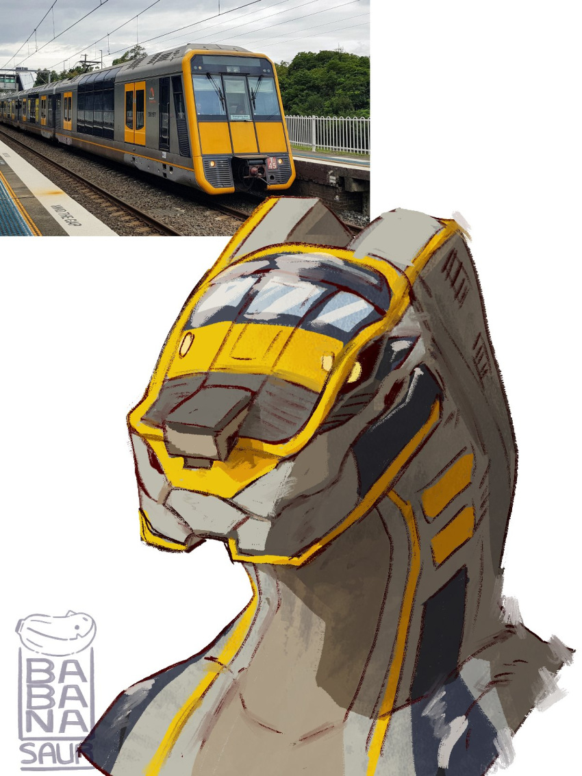 ambiguous_gender anthro babanasaur black_sclera dragon electric_locomotive grey_body hi_res how_to_dragon_your_train hybrid living_machine living_train living_vehicle locomorph locomotive machine markings public_transportation rail_transit solo sydney_trains sydney_trains_t_set train urban_rail_transit vehicle yellow_eyes yellow_markings