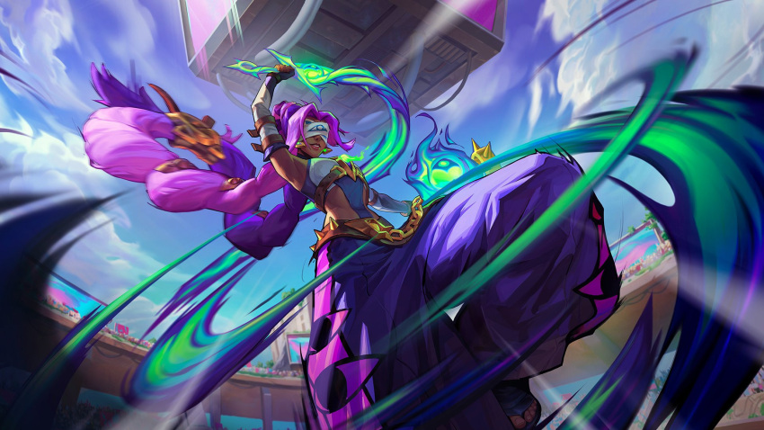 1girl arena arm_up bandages bandages_over_eyes box braid building cloud covered_eyes crop_top dark-skinned_female dark_skin earrings elbow_gloves english_commentary fighting fighting_stance fingerless_gloves gloves highres holding holding_weapon incoming_attack jewelry league_of_legends league_of_legends:_wild_rift long_hair multicolored_hair nilah_(league_of_legends) official_art outdoors pants parted_bangs parted_lips pink_hair purple_hair purple_pants sandals single_braid sky smile solo soul_fighter_(league_of_legends) soul_fighter_nilah standing standing_on_one_leg two-tone_hair weapon