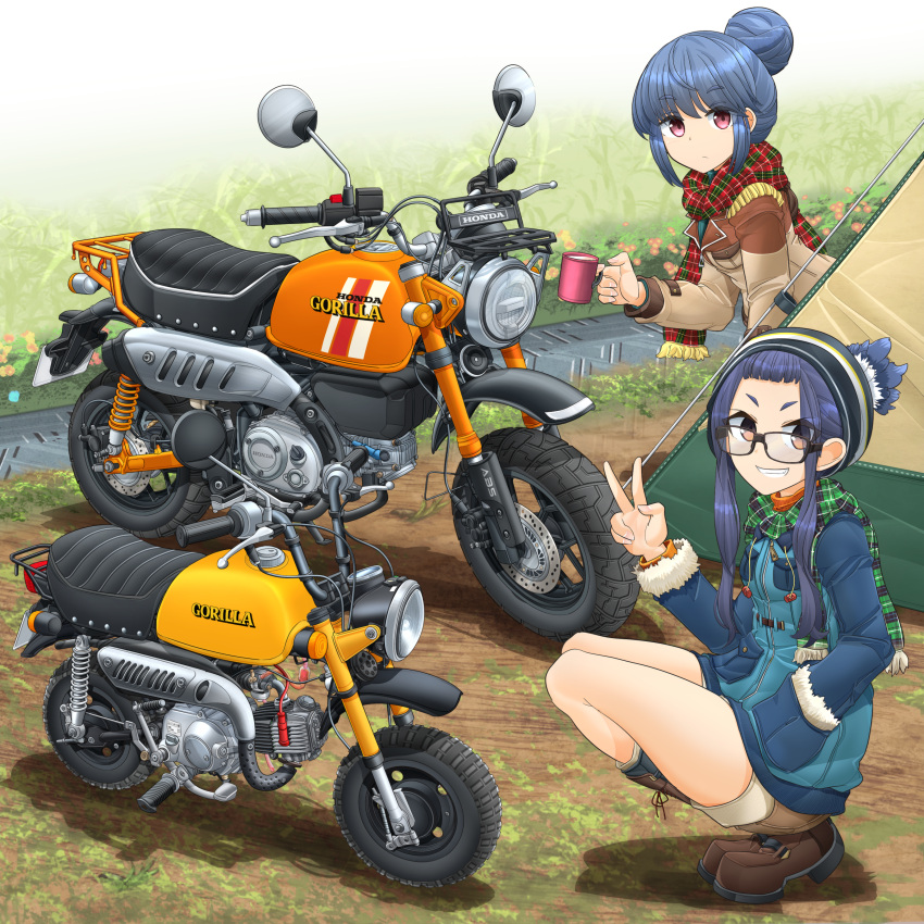 2girls absurdres black-framed_eyewear black_hair blue_coat blue_hair boots brown_coat brown_eyes brown_footwear closed_mouth coat cup glasses grin hand_in_pocket highres holding holding_cup honda long_hair long_sleeves mikeran_(mikelan) motor_vehicle motorcycle multiple_girls oogaki_chiaki pink_eyes red_scarf scarf shima_rin smile squatting yellow_scarf yurucamp