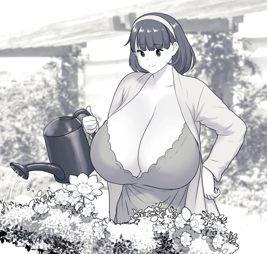 1girl breasts closed_mouth erkaz flower gardening greyscale hairband hand_on_own_hip highres huge_breasts long_sleeves monochrome original outdoors plant rina_atherina short_hair smile solo watering_can white_flower