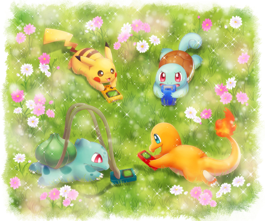 border bright_pupils brown_eyes bulbasaur charmander flame-tipped_tail flower game_boy green_eyes handheld_game_console highres holding holding_handheld_game_console no_humans on_grass open_mouth pikachu pink_flower plant playing_games pokemon pokemon_(creature) pokemon_(game) pokemon_rgby red_eyes siho1209 sparkle squirtle sweatdrop turtle_shell vines white_border white_flower white_pupils