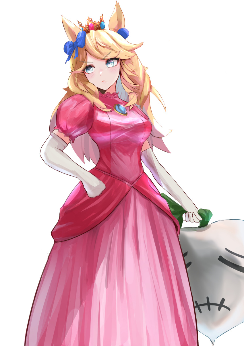 &gt;:( 1girl absurdres animal_ears blonde_hair blue_bow blue_eyes bow breasts brooch commentary_request cosplay cowboy_shot crown dress elbow_gloves gloves gold_city_(umamusume) hair_bow highres horse_ears jewelry long_hair mario_(series) medium_breasts mini_crown pink_dress princess_peach princess_peach_(cosplay) puffy_short_sleeves puffy_sleeves radish rakasei5050 short_sleeves simple_background solo standing umamusume v-shaped_eyebrows white_background white_gloves