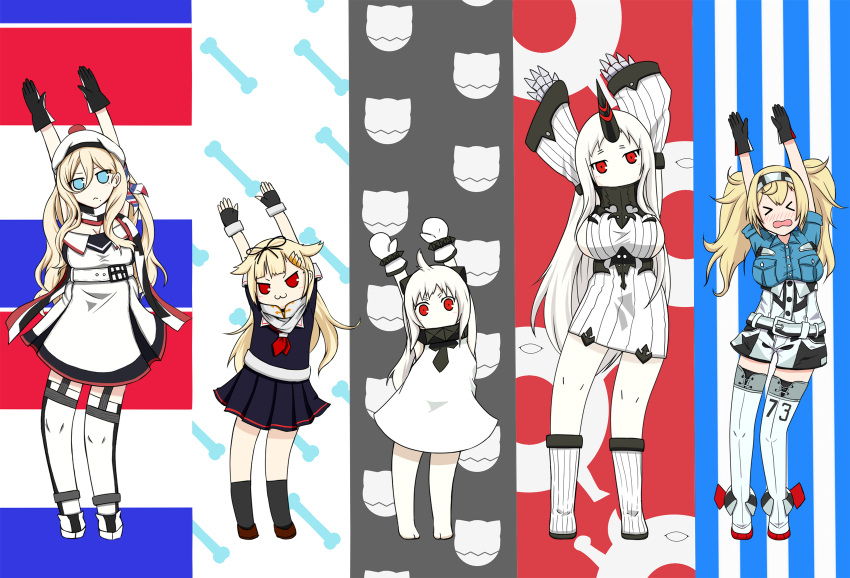 &gt;_&lt; 4girls abyssal_ship beret black_serafuku blonde_hair braid breasts colored_skin covered_mouth dress french_flag gambier_bay_(kancolle) hair_between_eyes hat highres horns huge_breasts kantai_collection kobayashi-san_chi_no_maidragon large_breasts medium_breasts mittens multicolored_clothes multiple_girls northern_ocean_princess parody ribbed_dress richelieu_(kancolle) scarf school_uniform seaport_princess serafuku single_braid single_horn style_parody thighhighs two-tone_gloves white_dress white_hair white_mittens white_scarf white_skin yakuto007 yuudachi_(kancolle)