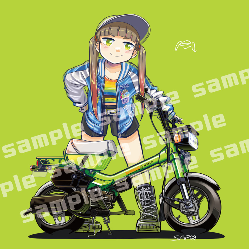 1girl artist_name baseball_cap belt blue_jacket brown_hair collarbone gradient_hair green_background green_eyes grey_footwear hair_behind_ear hat head_tilt highres honda honda_humming jacket leaning_forward letterman_jacket long_sleeves looking_at_viewer motor_vehicle motorcycle multicolored_hair original rainbow_shirt sample_watermark sapo_(saaaapo_po) shadow shorts sleeves_past_wrists smile v-shaped_eyebrows white_belt