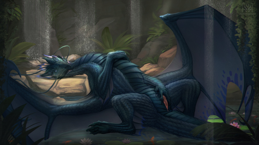 2023 4_fingers 4_toes barbel_(anatomy) blue_body blue_eyes blue_scales blue_wings cave detailed detailed_background detailed_scales digitigrade dragon facial_spikes feet female feral fern fingers flesh_whiskers genitals hand_on_chest head_crest hi_res jadedragoness jaw_spikes lily_pad looking_at_viewer lying membrane_(anatomy) membranous_wings monotone_body mouth_closed no_sclera on_back pink_pussy plant pond presenting presenting_pussy purple_spots pussy quadruped rock scales scalie scutes small_anus solo spikes spikes_(anatomy) spots spread_pussy spread_wings spreading tail toes waterfall western_dragon wings