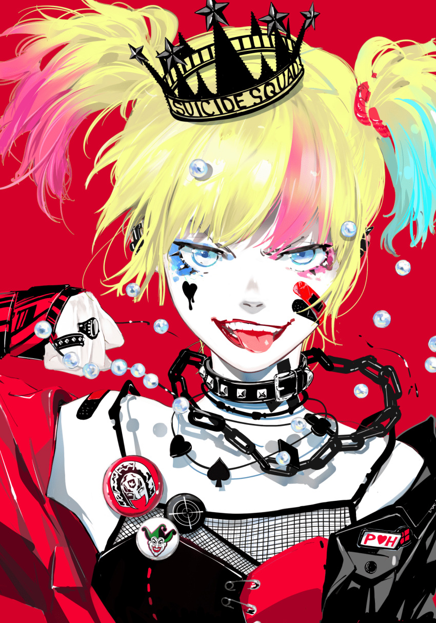 1girl amano_akira bandaid blonde_hair blue_hair chain choker clenched_hand crown dc_comics harley_quinn highres jewelry looking_at_viewer multicolored_clothes multicolored_hair necklace off-shoulder_jacket off_shoulder official_art pink_hair red_background ring short_twintails simple_background solo suicide_squad tongue tongue_out twintails upper_body