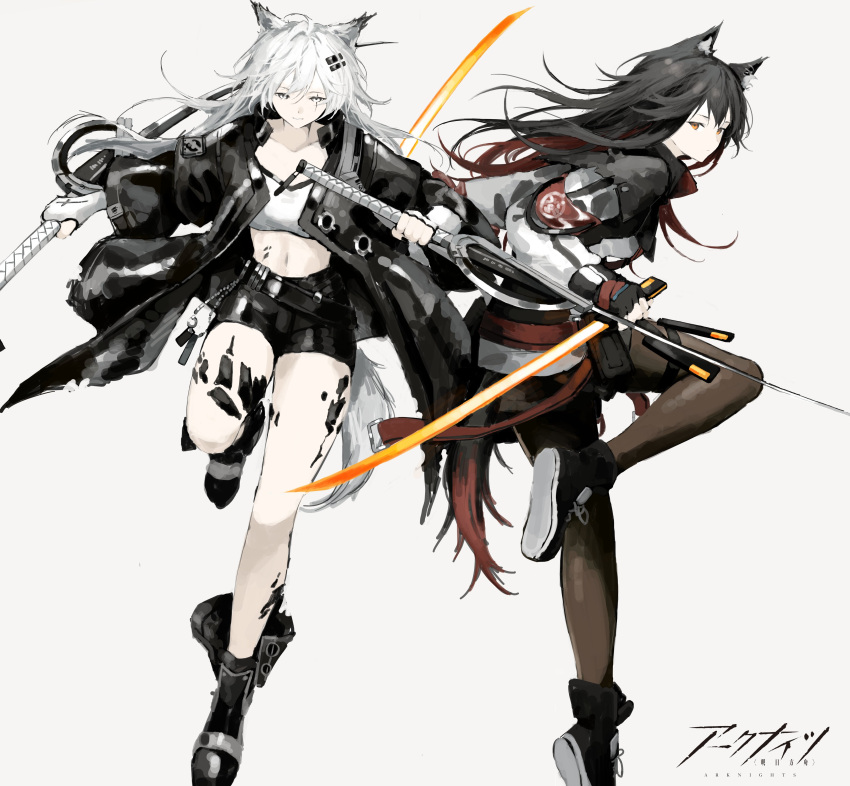 2girls absurdres animal_ear_fluff animal_ears arknights bandeau black_capelet black_coat black_hair black_jacket black_nails black_shorts capelet coat gloves grey_background grey_eyes hair_ornament hairclip highres holding holding_sword holding_weapon jacket kyoko_(zeprii4) lappland_(arknights) multiple_girls oripathy_lesion_(arknights) penguin_logistics_(arknights) red_eyes red_gloves scar scar_across_eye scar_on_face shorts strapless sword tail texas_(arknights) tube_top weapon white_hair white_jacket wolf_ears wolf_girl wolf_tail