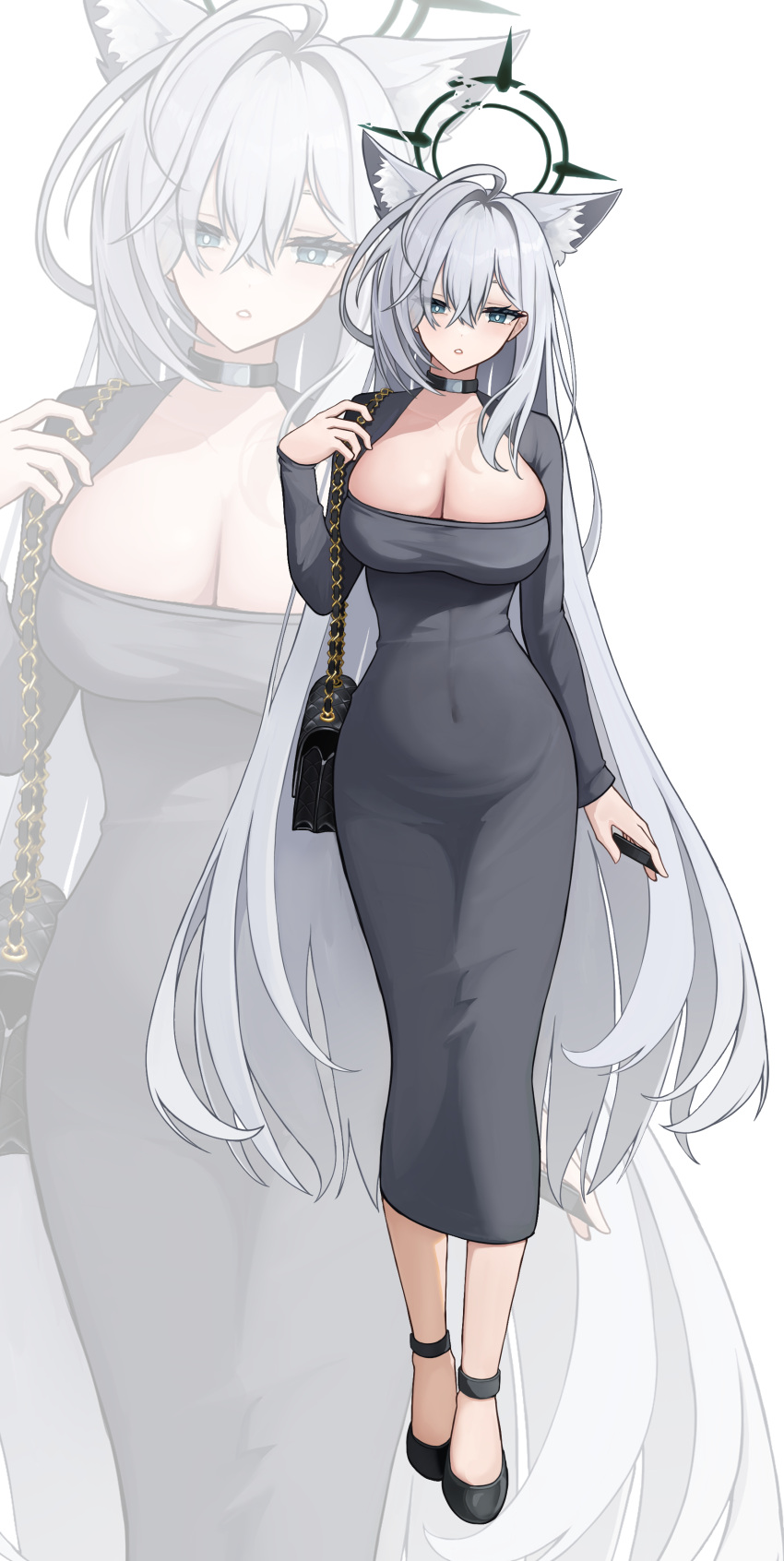 1girl absurdres ahoge animal_ear_fluff animal_ears bag black_choker black_footwear blue_archive blue_eyes breasts choker cleavage dark_halo dongtan_dress dress extra_ears grey_dress grey_hair hair_between_eyes halo highres holding large_breasts long_hair long_sleeves looking_at_viewer meme_attire mismatched_pupils multiple_views open_mouth shiroko_(blue_archive) shiroko_terror_(blue_archive) shoes shoulder_bag whoing_x2 wolf_ears zoom_layer