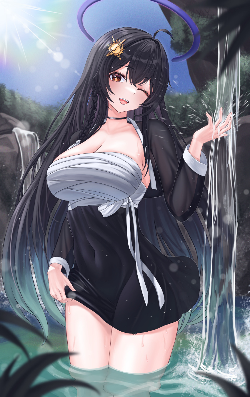1girl ;d absurdres ahoge bandages black_choker black_hair black_skirt blue_sky braid breasts brown_eyes chest_sarashi choker cleavage commentary commission covered_navel day hair_ornament high-waist_skirt highres large_breasts long_hair long_sleeves looking_at_viewer nyanbutter one_eye_closed open_clothes open_mouth original outdoors sarashi skirt sky smile solo standing strapless thighs tube_top very_long_hair wading water