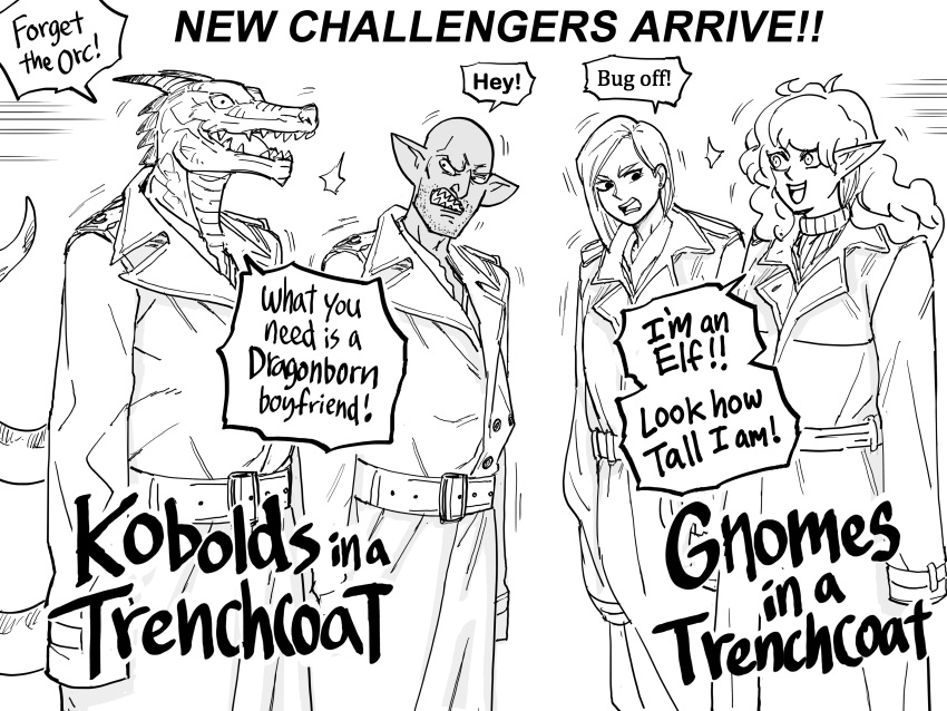 absurd_res anthro baalbuddy clothed clothing coat english_text eyebrows female gnome goblin group hair halfling hi_res horn humanoid humanoid_pointy_ears humor kobold male monochrome open_mouth open_smile scalie sharp_teeth smile tail teeth text topwear trenchcoat