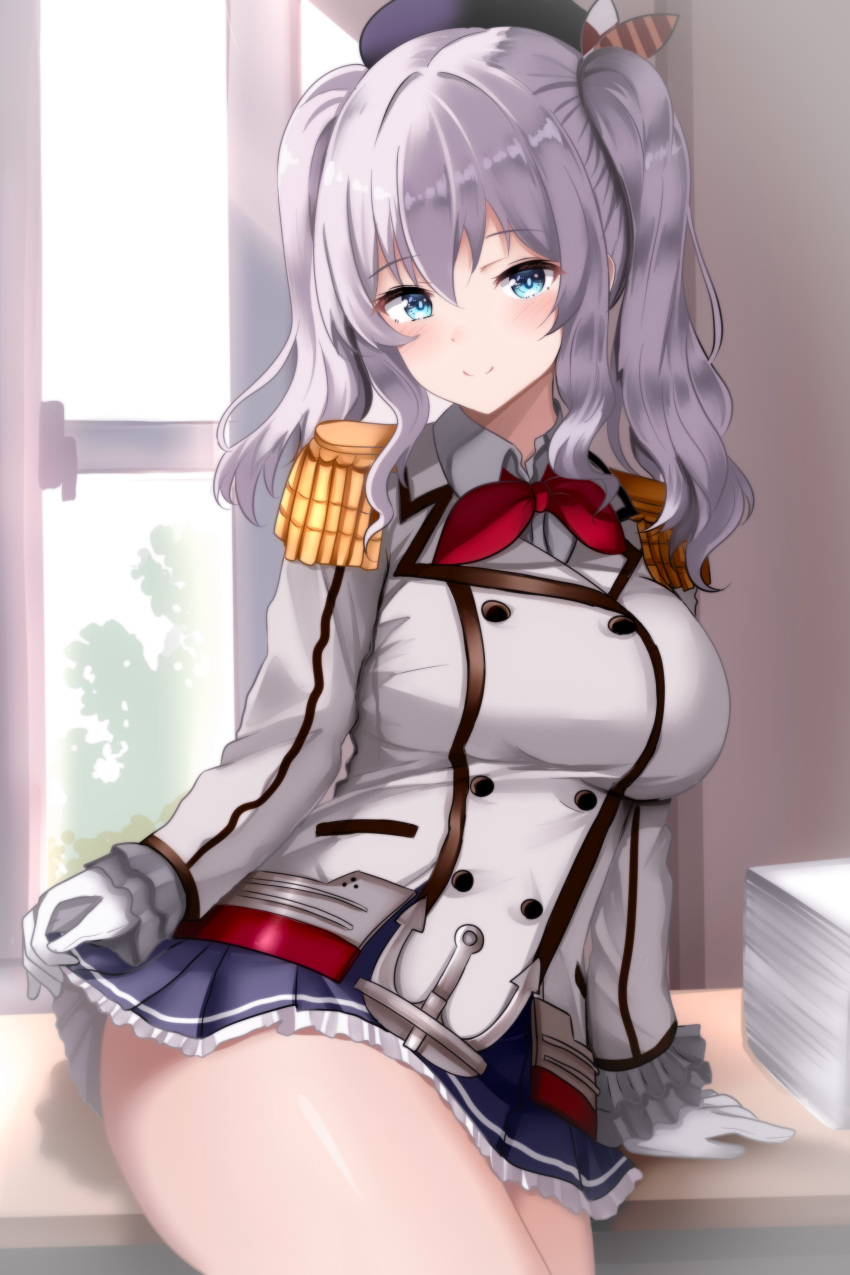1girl absurdres anchor_ornament beret black_headwear black_skirt blue_eyes breasts buttons closed_mouth clothes_lift epaulettes frilled_sleeves frills gloves grey_hair grey_jacket hair_between_eyes hair_ribbon hat highres himura_moritaka indoors jacket kantai_collection kashima_(kancolle) large_breasts lifted_by_self long_hair long_sleeves looking_at_viewer military_jacket military_uniform neckerchief on_table paper_stack pleated_skirt red_neckerchief ribbon sitting skirt skirt_lift smile solo table teasing thighs tsurime twintails uniform wavy_hair white_gloves window