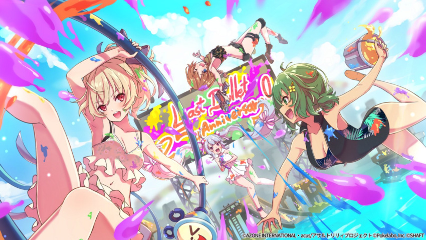 4girls :d ;d ahoge andou_tazusa ankle_boots anniversary armpits assault_lily bare_arms bare_legs bare_shoulders belt_pouch bikini bikini_skirt black_one-piece_swimsuit blonde_hair blue_sky blurry blurry_background boots braid braided_ponytail breasts brown_footwear brown_hair bucket camouflage camouflage_bikini casual_one-piece_swimsuit cleavage commentary_request copyright_name day dutch_angle fang floating_hair floral_print frilled_bikini frills futagawa_fumi green_eyes green_hair grey_hair high_ponytail highres holding holding_bucket knee_pads leg_up long_hair looking_at_another looking_at_viewer looking_to_the_side low_ponytail low_twintails medium_breasts midair miriam_hildegard_von_gropius multiple_girls navel official_alternate_costume official_alternate_hairstyle official_art one-piece_swimsuit one_eye_closed open_mouth outdoors outstretched_arms paint paint_gun paint_on_body paint_on_clothes paint_splatter partially_unzipped ponytail pouch print_bikini print_swimsuit profile purple_eyes red_eyes shoe_soles short_hair short_twintails single_braid sky slide smile stomach swimsuit teeth thigh_pouch thigh_strap twintails upper_teeth_only upside-down v-shaped_eyebrows very_long_hair water watermark white_bikini white_one-piece_swimsuit yoshimura_thi_mai zipper_pull_tab