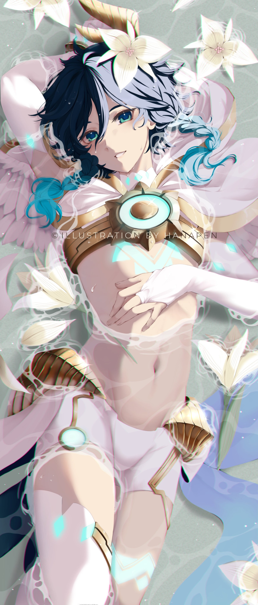 1boy absurdres aqua_eyes blue_hair bridal_gauntlets capelet chest_tattoo crop_top elbow_gloves flower genshin_impact gloves gold_trim gradient_hair hair_flower hair_ornament hanapen hand_on_own_chest highres hood hooded_capelet leg_tattoo male_focus multicolored_hair official_alternate_costume partially_submerged short_hair_with_long_locks shorts single_thighhigh solo tattoo thighhighs venti_(archon)_(genshin_impact) venti_(genshin_impact) white_flower white_gloves white_shorts