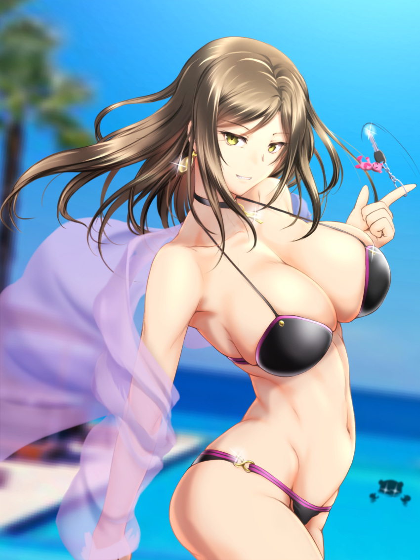 2girls animal_keychain bare_shoulders beach beach_chair bikini black_bikini blurry breasts brown_hair chikuwabu_(yokowokazuaki) choker clear_sky cleavage collarbone cross day depth_of_field double_bun earrings female_pervert gold_earrings gold_necklace green_eyes hair_bun hair_flowing_over highres huge_breasts idolmaster idolmaster_cinderella_girls jewelry keychain leaning_to_the_side looking_at_viewer mukai_takumi multiple_girls munakata_atsumi navel necklace palm_tree pervert pool seductive_smile shiny_clothes silk sky smile swimsuit tree wind