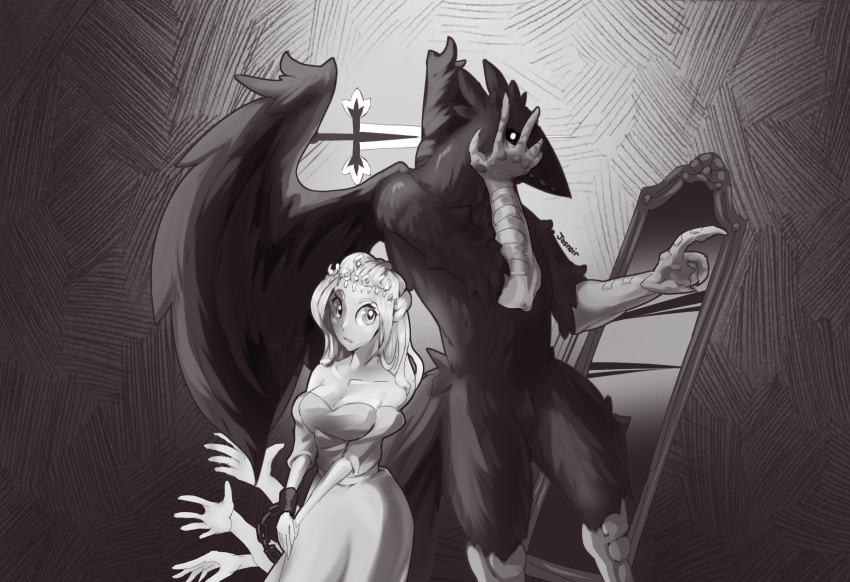 1girl beak bird_wings breasts cleavage cuffs dagger disembodied_limb furry furry_male height_difference highres josnoir knife medium_breasts mirror monochrome princess princess_(slay_the_princess) shackles signature slay_the_princess talons the_hero_(slay_the_princess) tiara weapon wings