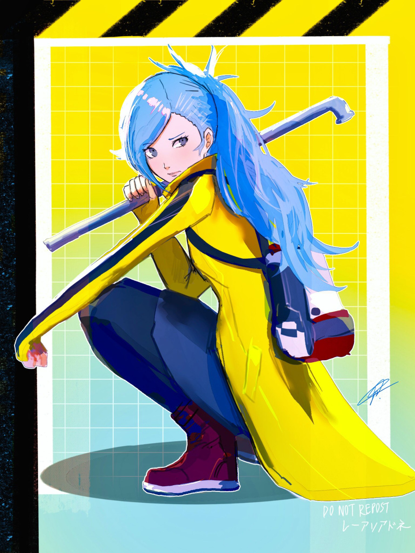 1girl ai_the_somnium_files backpack bag blue_eyes blue_hair closed_mouth commentary full_body high_collar highres holding holding_weapon long_hair long_sleeves okiura_mizuki ponytail rae_ariadne sideways_glance signature solo squatting water_pipe watermark weapon