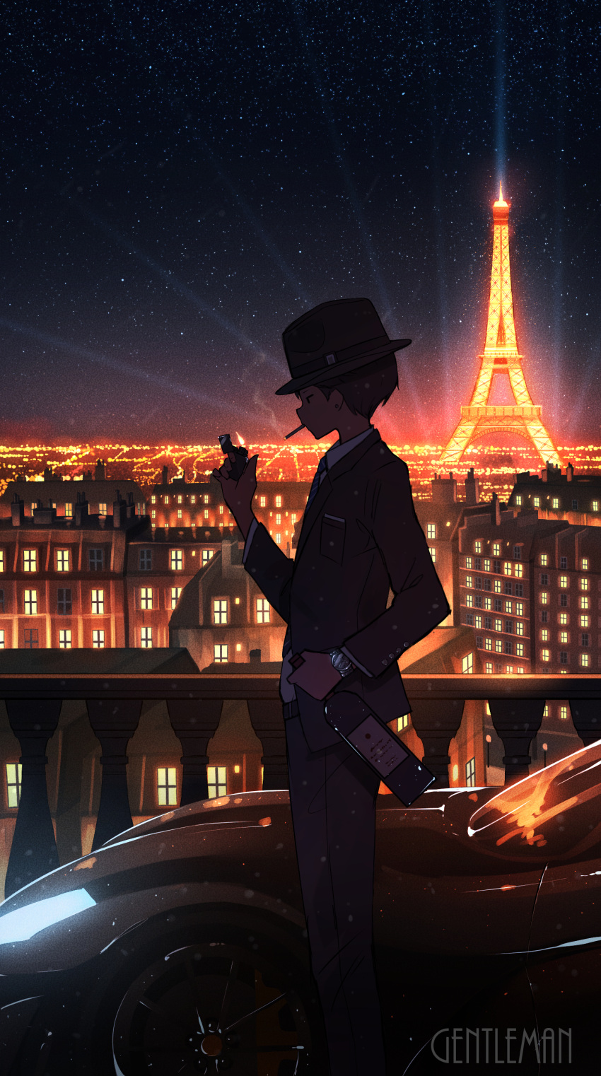 1boy absurdres black_headwear black_jacket black_pants blazer bottle car cigarette city_lights cityscape collared_shirt eiffel_tower english_text feet_out_of_frame france hat highres holding holding_bottle horizon house jacket light_particles lighter long_sleeves male_focus motor_vehicle night night_sky original pants pasoputi railing scenery shirt sky solo standing star_(sky) starry_sky suit watch white_shirt wristwatch