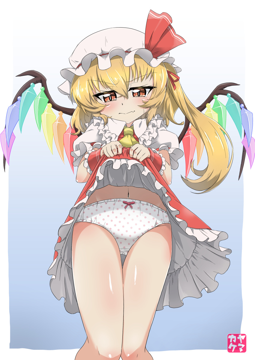 1girl absurdres artist_logo ascot blonde_hair blue_background bow bow_panties closed_mouth clothes_lift collared_shirt commission crotch_seam crystal fang flandre_scarlet frilled_cuffs frilled_skirt frilled_sleeves frills frown glaring hair_ribbon half-closed_eyes hat hat_ribbon highres lifted_by_self long_hair looking_at_viewer mob_cap navel outside_border panties polka_dot polka_dot_panties puffy_short_sleeves puffy_sleeves red_eyes red_ribbon red_skirt ribbon shirt short_sleeves side_ponytail skeb_commission skin_fang skirt skirt_lift solo standing thigh_gap touhou underwear white_headwear white_panties white_shirt wing_collar wings yamakake_(tororo1293) yellow_ascot
