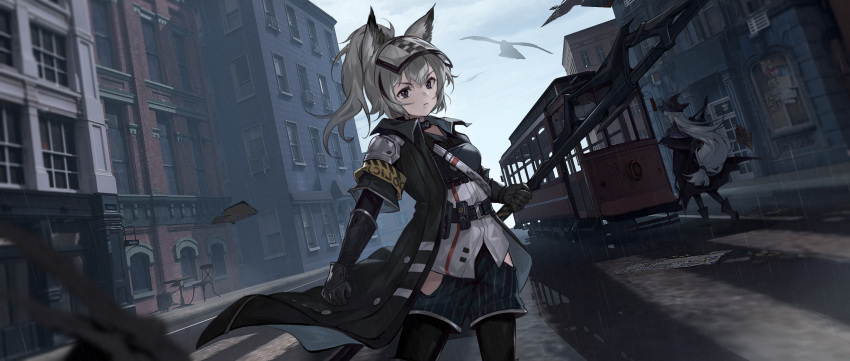 14sky 2girls animal_ears arknights armband bird black_coat black_footwear black_gloves black_headwear black_thighhighs blue_shorts boots breasts building chair chinese_commentary closed_mouth coat crosswalk day elbow_gloves facing_away gloves grani_(arknights) grey_hair hair_between_eyes hat high_ponytail highres hip_vent holding holding_polearm holding_weapon horse_ears layered_sleeves long_hair long_sleeves looking_at_viewer medium_hair multiple_girls open_clothes open_coat outdoors polearm purple_eyes rain shirt short_over_long_sleeves short_sleeves shorts shoulder_guard skadi_(arknights) small_breasts streetcar striped striped_shorts sword sword_on_back table thighhighs vertical-striped_shorts vertical_stripes very_long_hair visor_cap weapon weapon_on_back white_shirt witch_hat