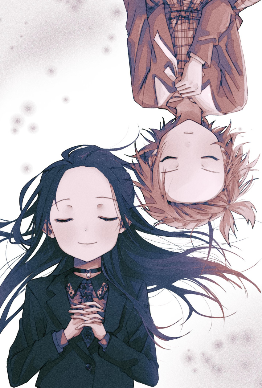 2girls black_choker black_hair black_jacket brown_hair brown_jacket choker closed_eyes collared_shirt dress floating_hair forehead formal hand_on_own_chest highres interlocked_fingers jacket kamisaki_hikaru long_hair medalist_(manga) moc_0625 multiple_girls necktie one_side_up own_hands_together rotational_symmetry shirt short_hair smile suit white_background yuitsuka_inori