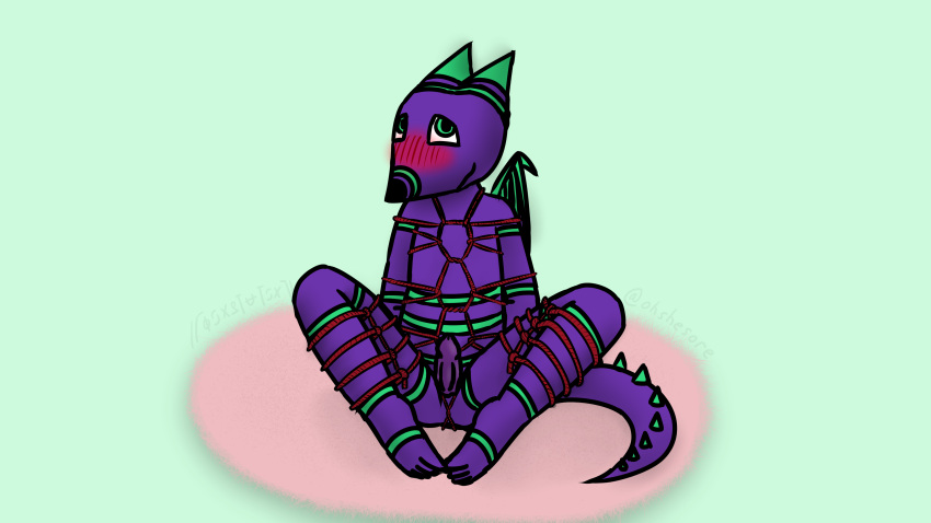 2023 2_horns absurd_res anthro arms_tied_behind_back bdsm blush blush_lines bondage bound dragon embarrassed erection genitals green_background green_horn green_stripes hands_behind_back hi_res horn legs_tied looking_up male nude oshisaure penis purple_body purple_scales red_rope restraints rope rope_bondage rope_harness rug scales shy signature simple_background sitting sitting_on_ground solo spiked_tail spikes spikes_(anatomy) spread_legs spreading spyro_oshisaure stripes tail wings