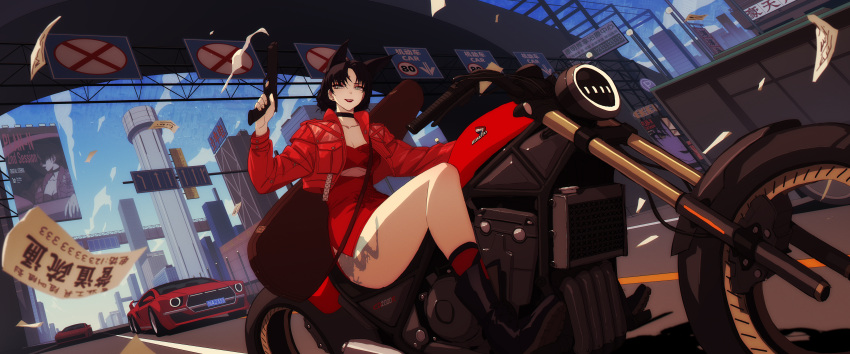 1girl absurdres animal_ears black_hair blue_eyes breasts cat city cropped_jacket dress extra_ears gun handgun highres holding holding_gun holding_weapon jacket leg_tattoo medium_breasts motor_vehicle motorcycle open_clothes open_jacket original outdoors red_dress red_jacket rekaerb_maerd short_hair solo tattoo weapon