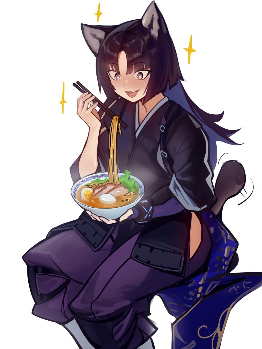 1girl :d animal_ears arknights black_hair bowl chopsticks distr dog_ears dog_girl dog_tail elbow_gloves fingerless_gloves food gloves highres holding holding_bowl holding_food infection_monitor_(arknights) japanese_clothes kimono long_hair noodles open_mouth pants parted_bangs puffy_pants purple_gloves purple_pants ramen saga_(arknights) short_sleeves simple_background single_elbow_glove single_fingerless_glove single_glove sitting smile solo sparkle sparkling_eyes tail tail_wagging white_background