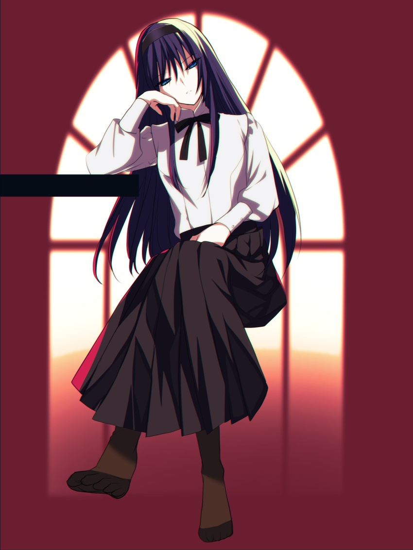 1girl aqua_eyes black_bow black_bowtie black_footwear black_hair black_hairband black_skirt bow bowtie commentary_request crossed_legs frown glaring hairband half-closed_eyes highres long_hair long_skirt long_sleeves looking_at_viewer parted_lips shirt sidelocks skirt solo tajima_yoshikazu tohno_akiha tsukihime tsukihime_(remake) white_shirt