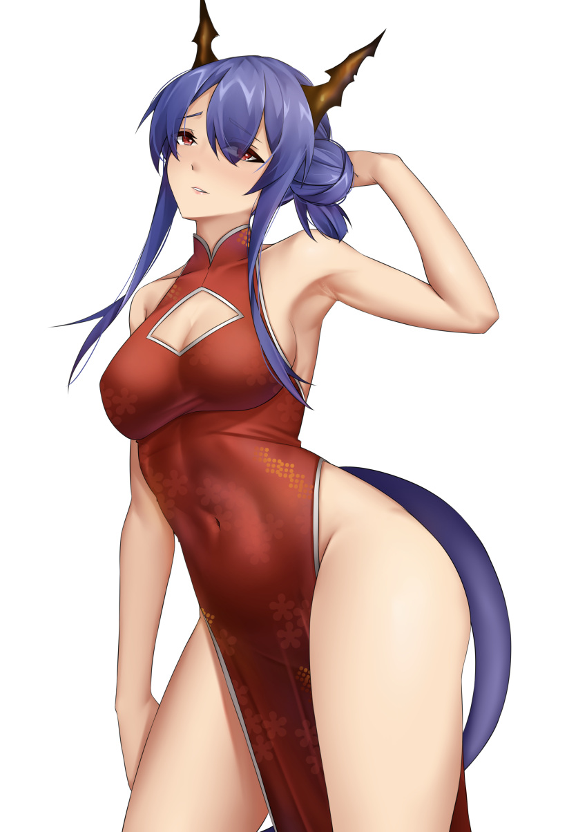 1girl absurdres arknights armpits bare_arms bare_shoulders blue_hair breasts casperrin ch'en_(ageless_afterglow)_(arknights) ch'en_(arknights) china_dress chinese_clothes cleavage cleavage_cutout clothing_cutout commentary covered_navel cowboy_shot dragon_horns dragon_tail dress groin hair_bun highres horns long_hair looking_at_viewer medium_breasts parted_lips red_dress red_eyes simple_background sleeveless sleeveless_dress solo standing tail thighs white_background