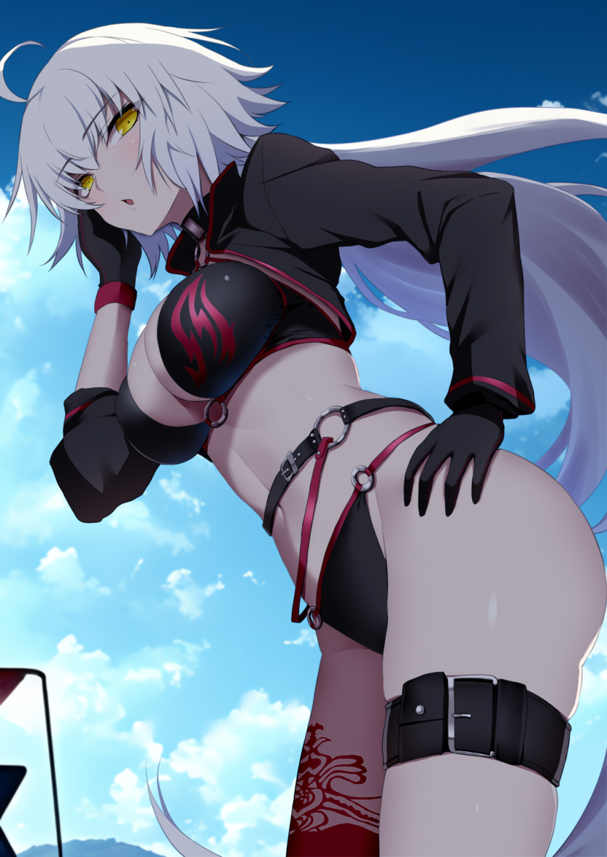 1girl :o ahoge ashino_moto bikini black_bikini black_gloves blue_sky cloud commentary_request cropped_jacket day fate/grand_order fate_(series) gloves hand_on_own_hip highres jeanne_d'arc_alter_(fate) jeanne_d'arc_alter_(swimsuit_berserker)_(fate) long_hair navel o-ring open_mouth outdoors sky solo stomach swimsuit thigh_strap very_long_hair white_hair yellow_eyes