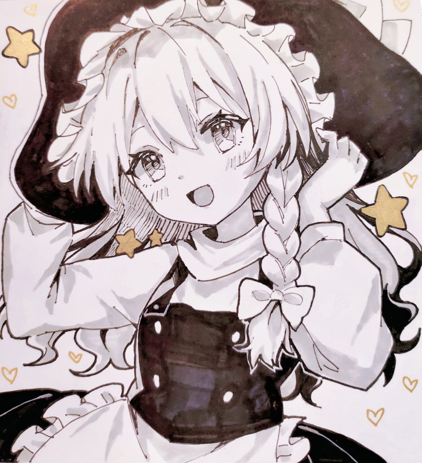 1girl :d apron bow braid commentary enokishima frilled_hat frills greyscale hair_bow hat heart highres kirisame_marisa long_hair long_sleeves looking_at_viewer monochrome open_mouth side_braid single_braid smile solo star_(symbol) symbol-only_commentary touhou upper_body waist_apron
